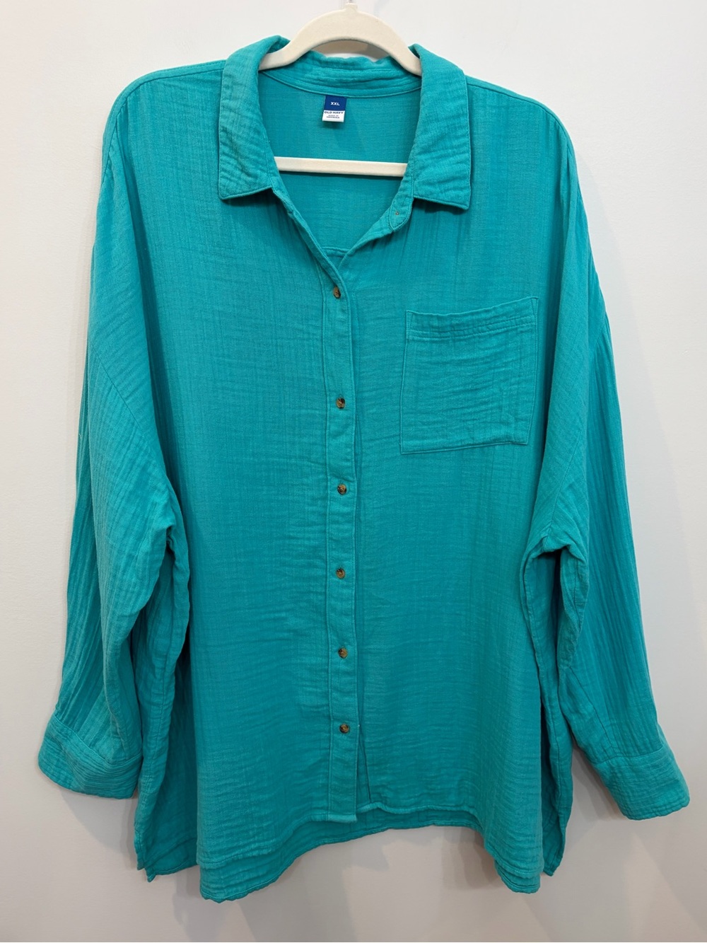 Old Navy Woman’s Teal Crinkle Gauze Loose Button-Down Shirt Size XXL Long Sleeve
